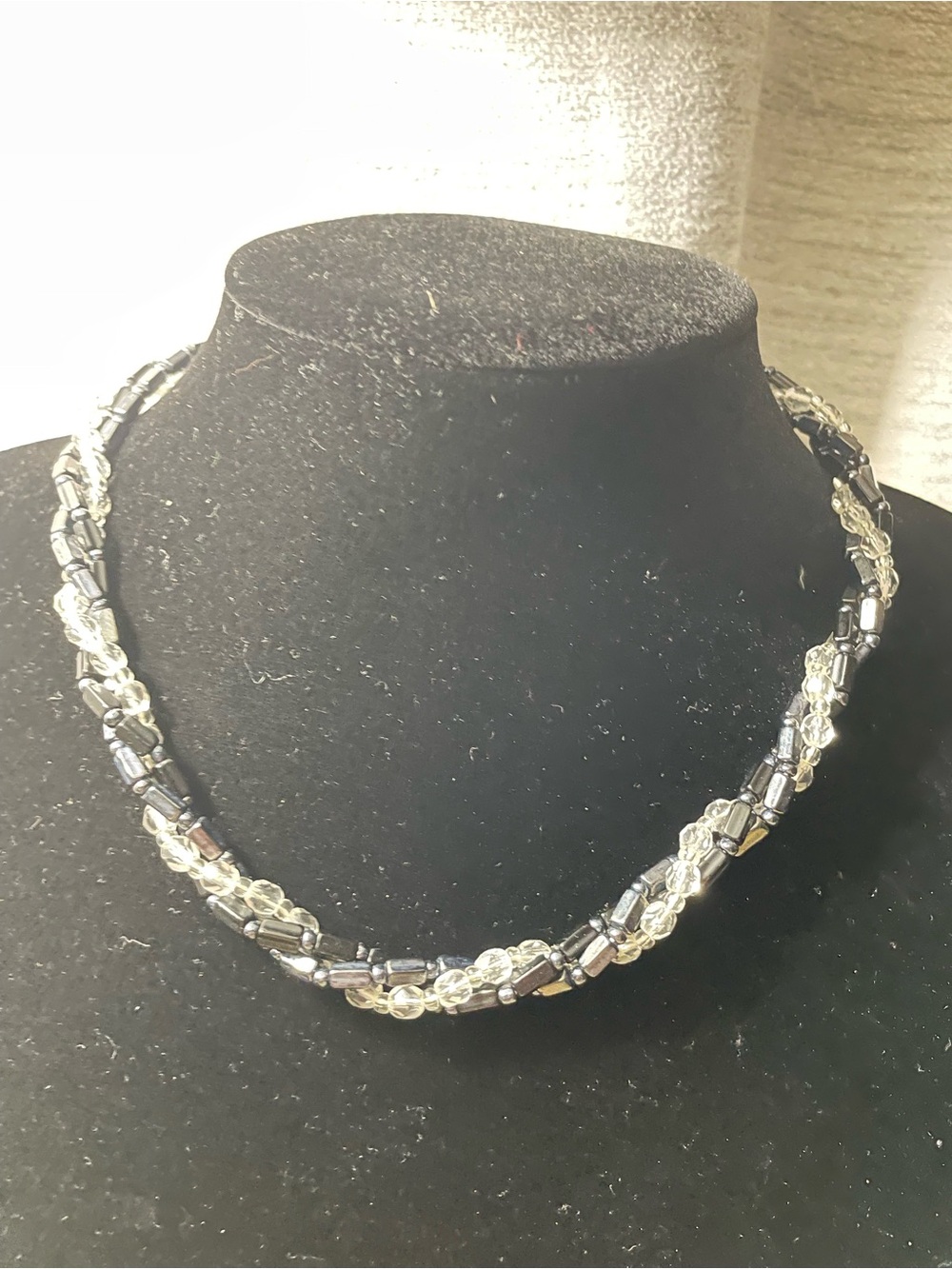 Crystal and Hematite Twisted Beaded Necklace - Black and Clear